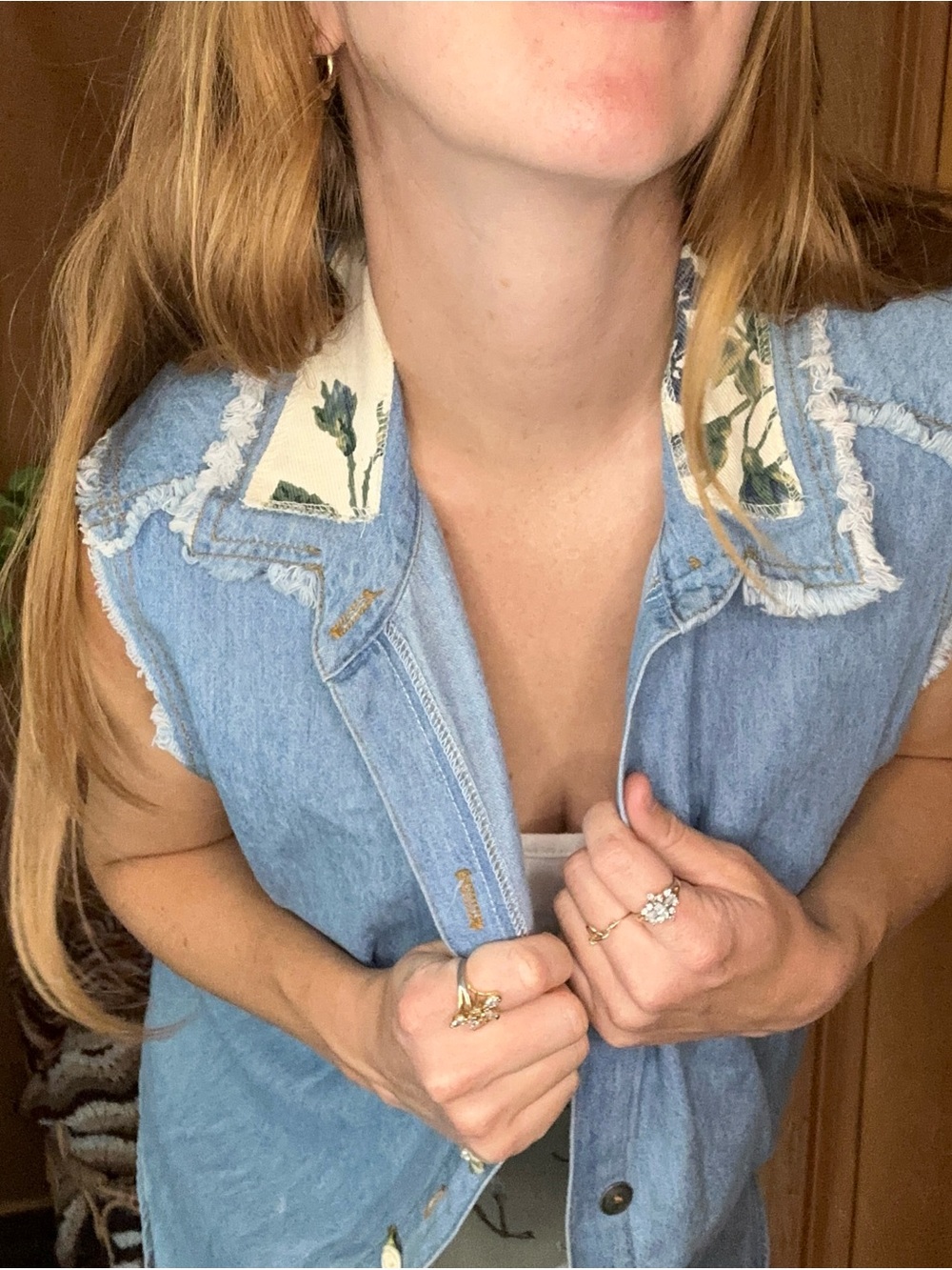 Vintage Concepts & Design Denim Vest with Floral Collar & Accents | S